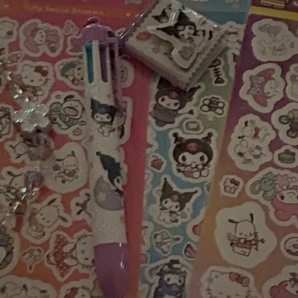 Cute Sanrio Sticker & Charm Set with Purple Pen